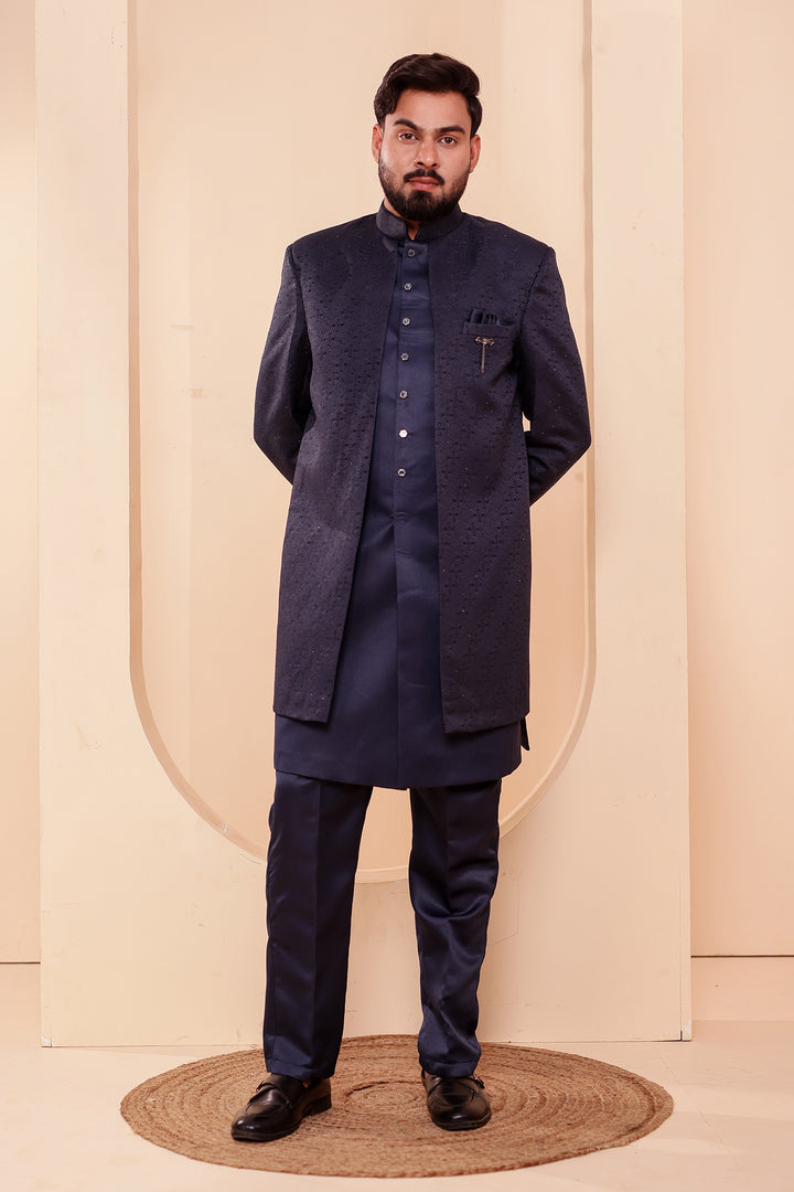 Navy Blue Jacquard weave Open Jacket Style Indo-western Suit.