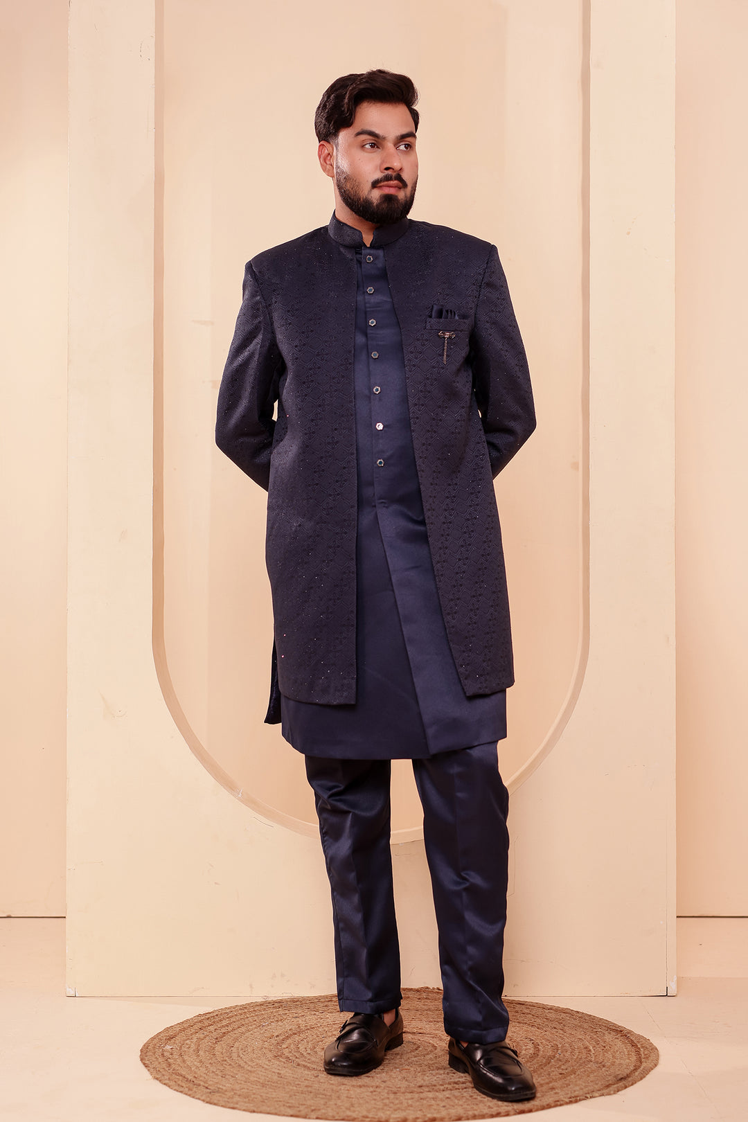 Navy Blue Jacquard weave Open Jacket Style Indo-western Suit.