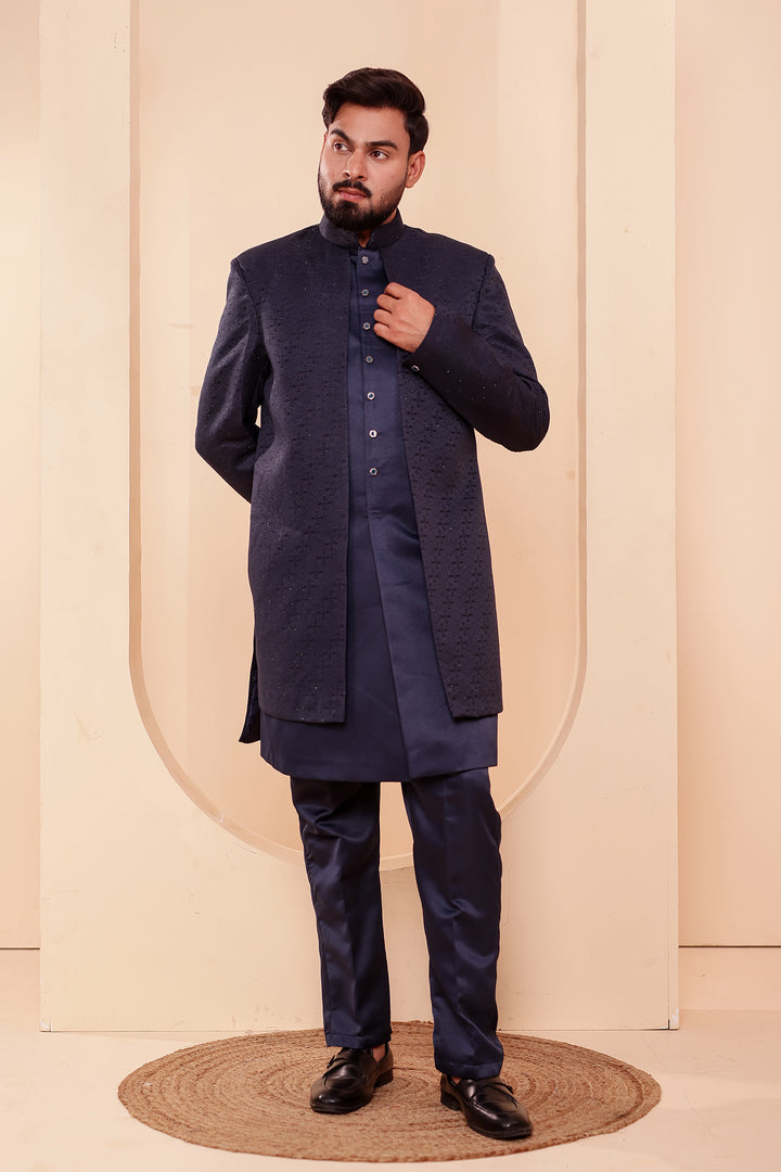 Navy Blue Jacquard weave Open Jacket Style Indo-western Suit.