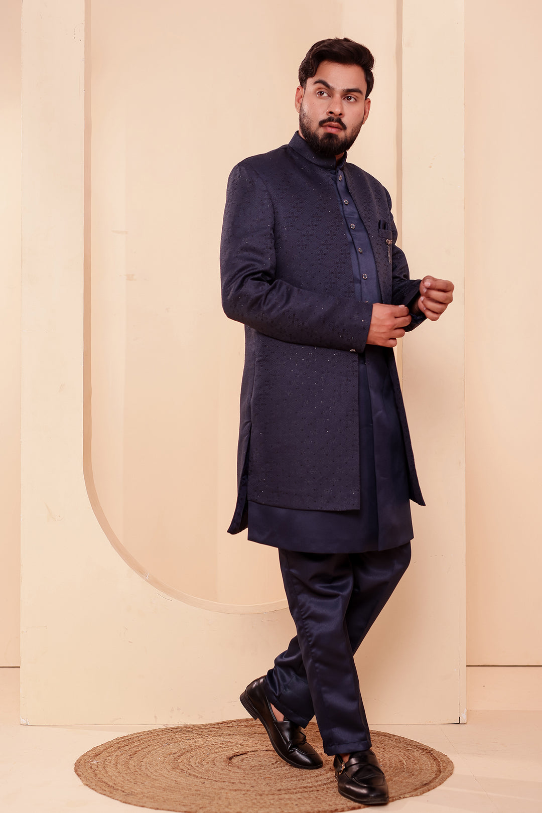 Navy Blue Jacquard weave Open Jacket Style Indo-western Suit.