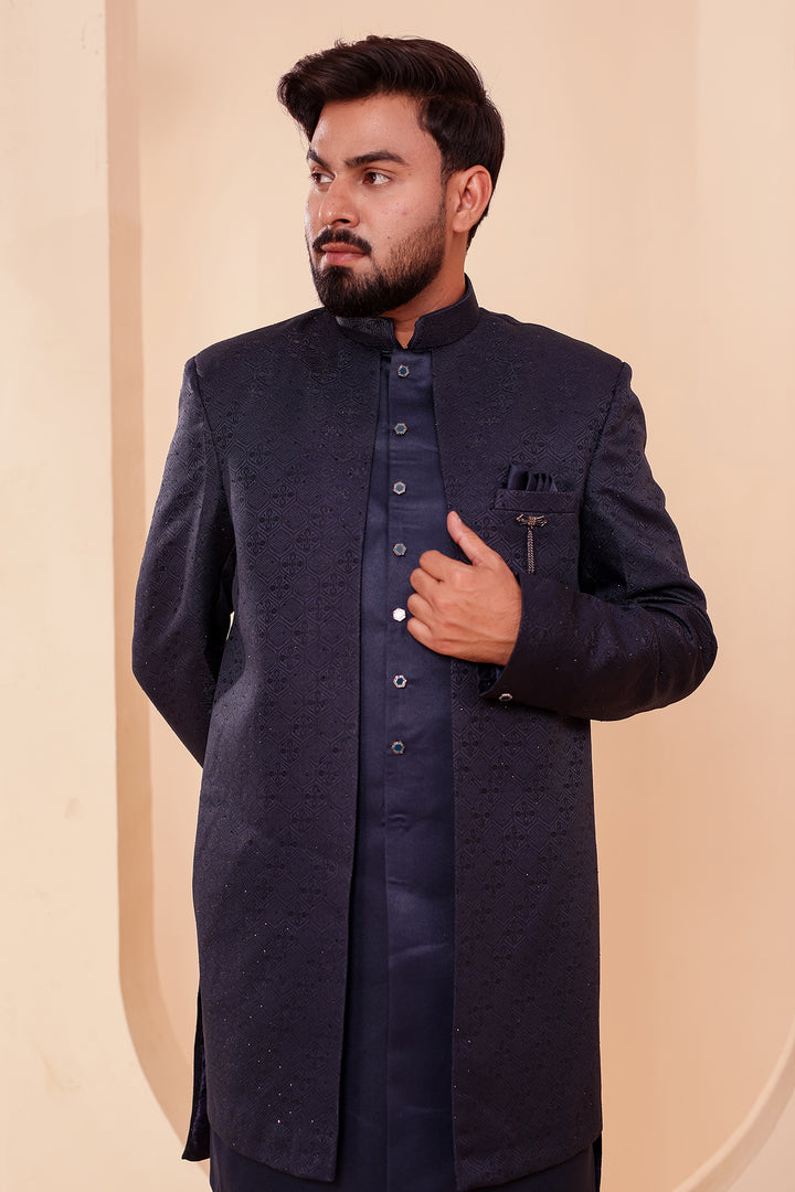 Navy Blue Jacquard weave Open Jacket Style Indo-western Suit.
