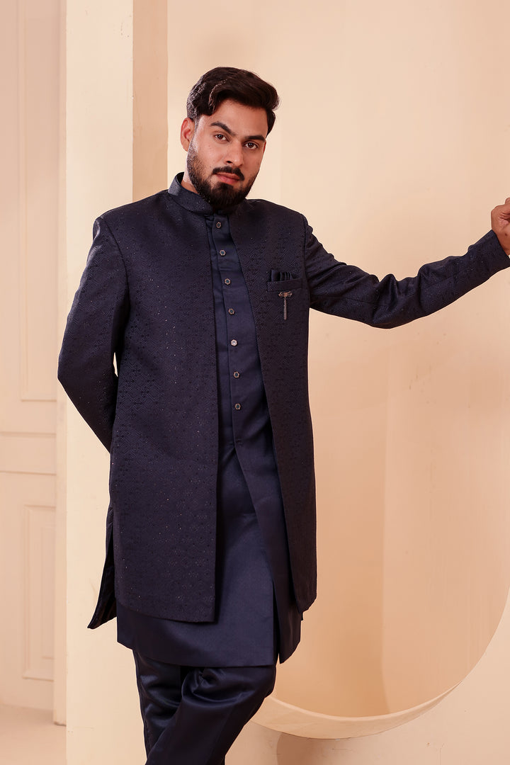Navy Blue Jacquard weave Open Jacket Style Indo-western Suit.