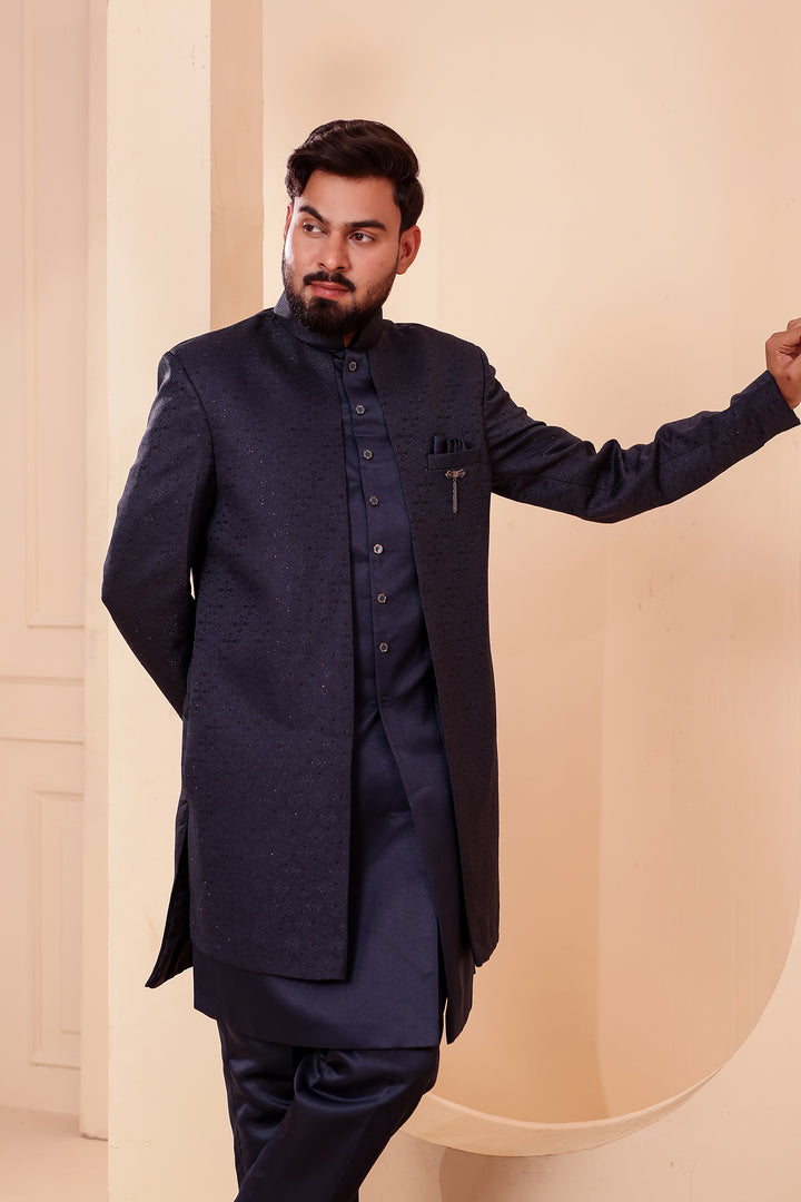 Navy Blue Jacquard weave Open Jacket Style Indo-western Suit.
