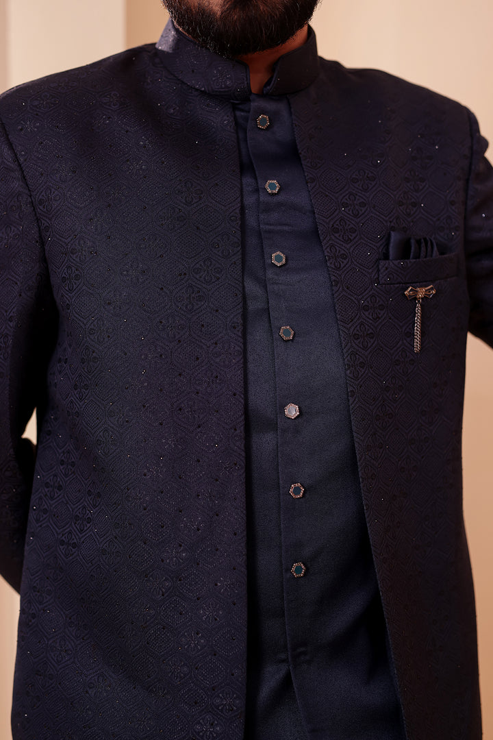 Navy Blue Jacquard weave Open Jacket Style Indo-western Suit.