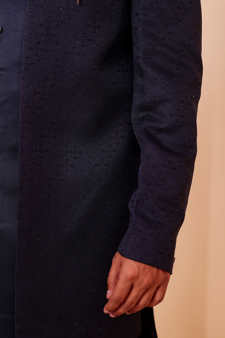 Navy Blue Jacquard weave Open Jacket Style Indo-western Suit.