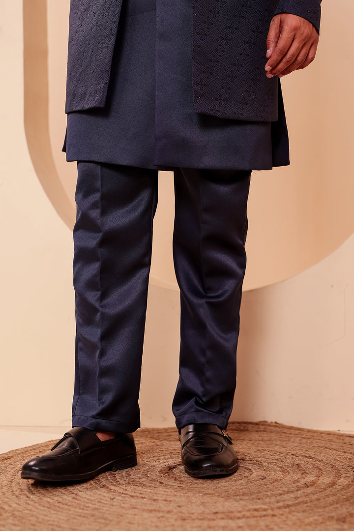 Navy Blue Jacquard weave Open Jacket Style Indo-western Suit.