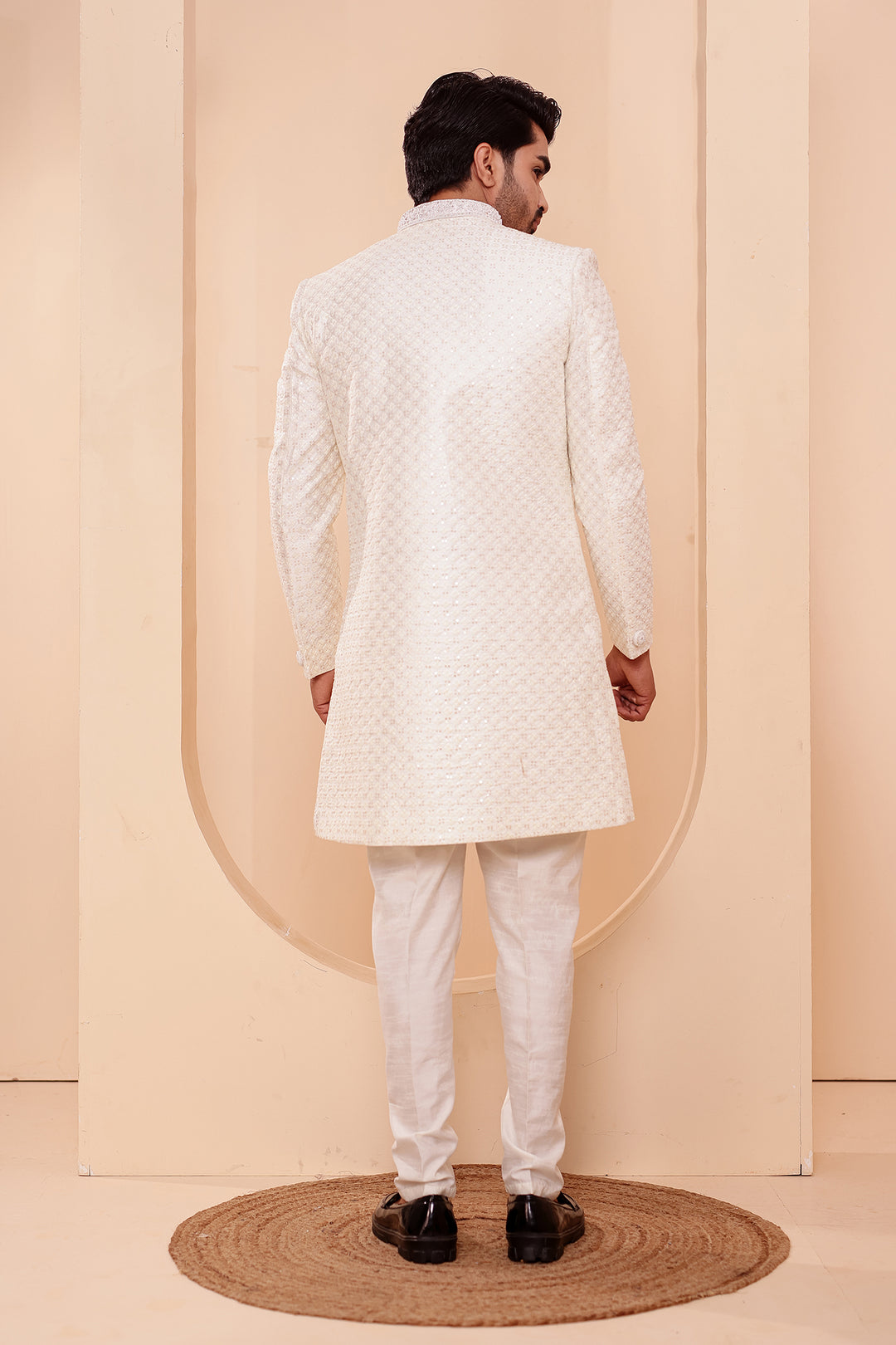 White Raw Silk Open Jacket Style Indo-western Suit.