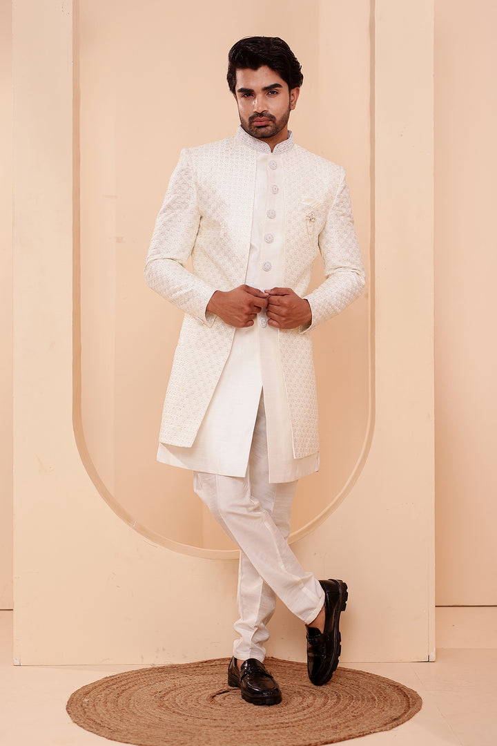 White Raw Silk Open Jacket Style Indo-western Suit.