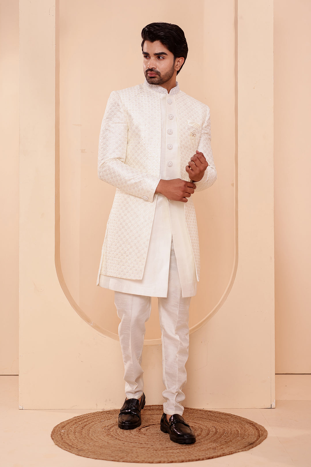 White Raw Silk Open Jacket Style Indo-western Suit.