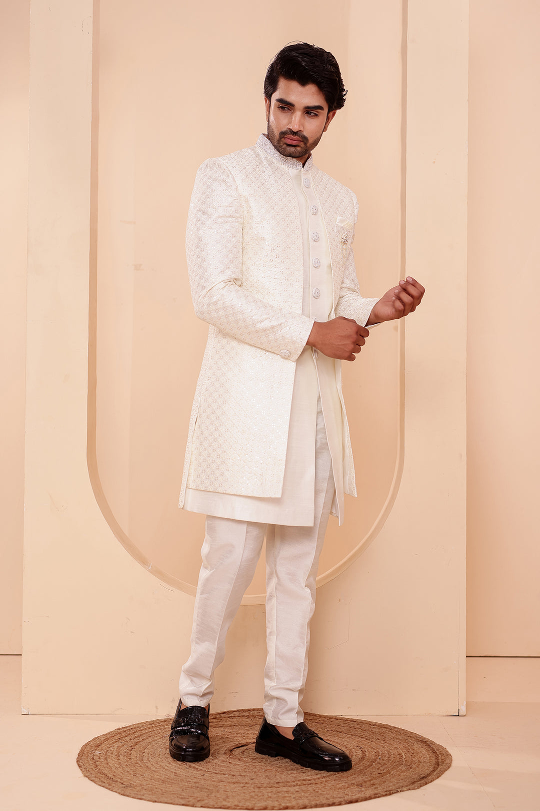 White Raw Silk Open Jacket Style Indo-western Suit.