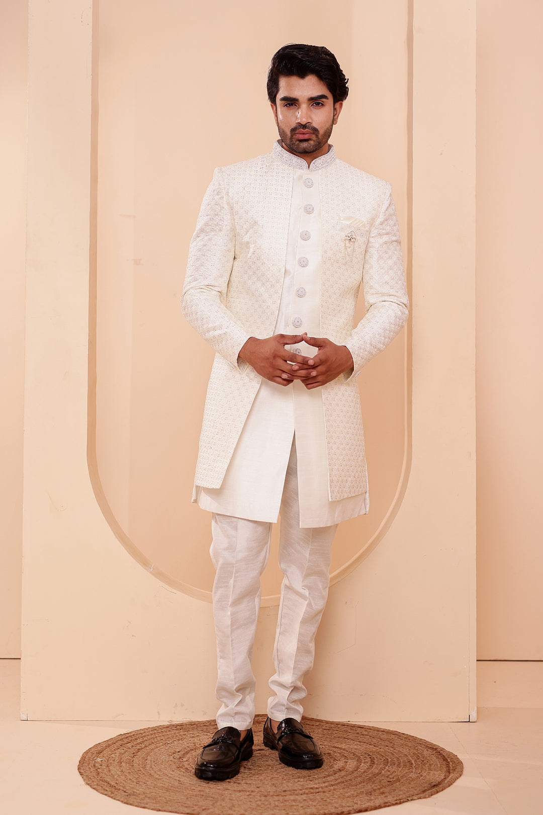 White Raw Silk Open Jacket Style Indo-western Suit.