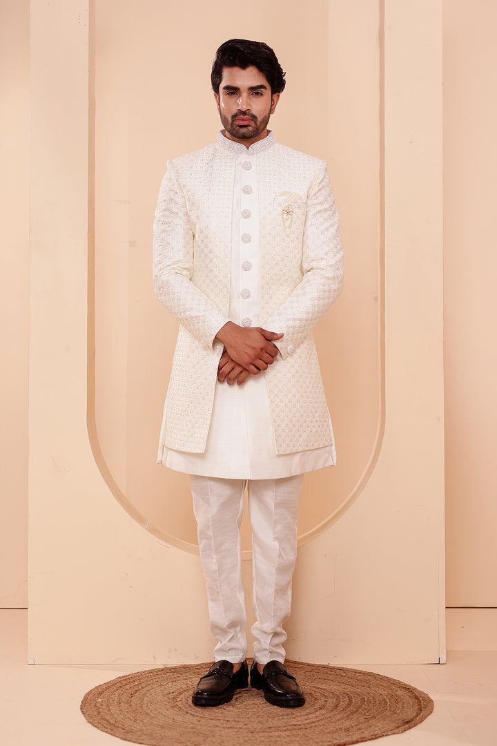 White Raw Silk Open Jacket Style Indo-western Suit.