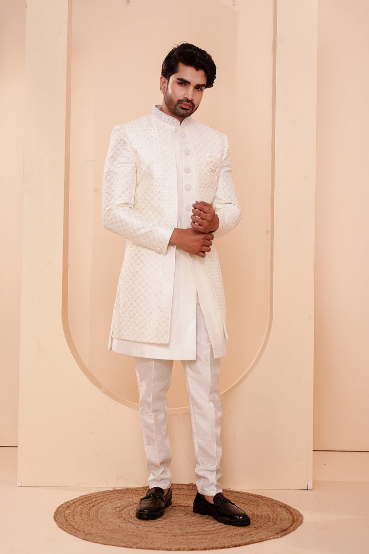 White Raw Silk Open Jacket Style Indo-western Suit.