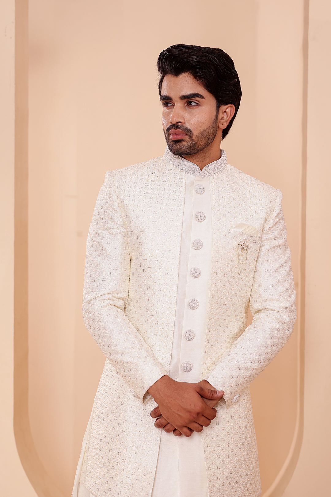 White Raw Silk Open Jacket Style Indo-western Suit.