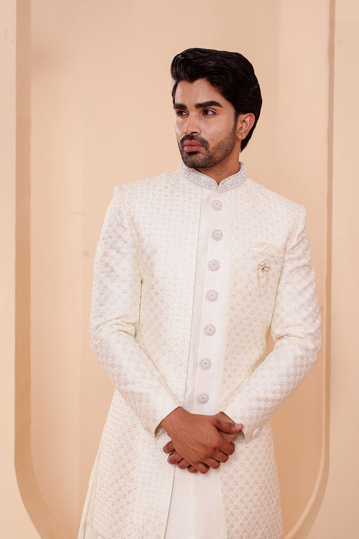 White Raw Silk Open Jacket Style Indo-western Suit.