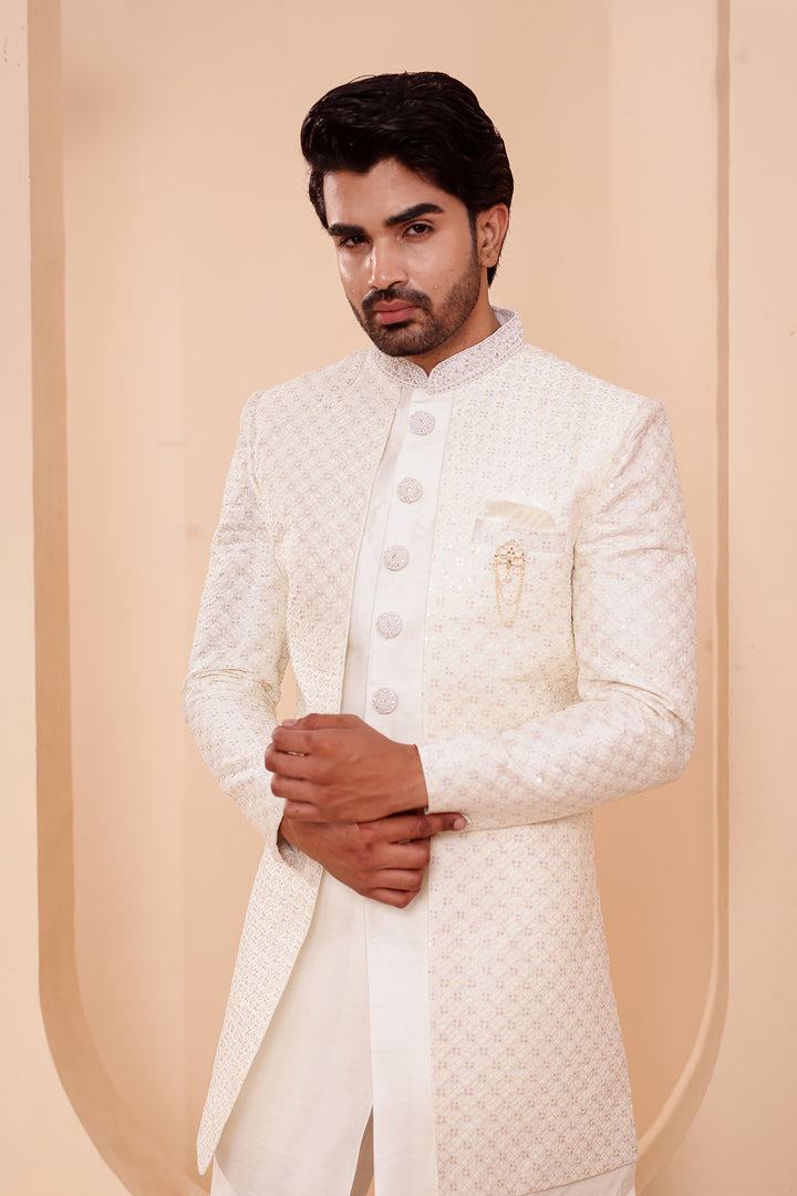 White Raw Silk Open Jacket Style Indo-western Suit.
