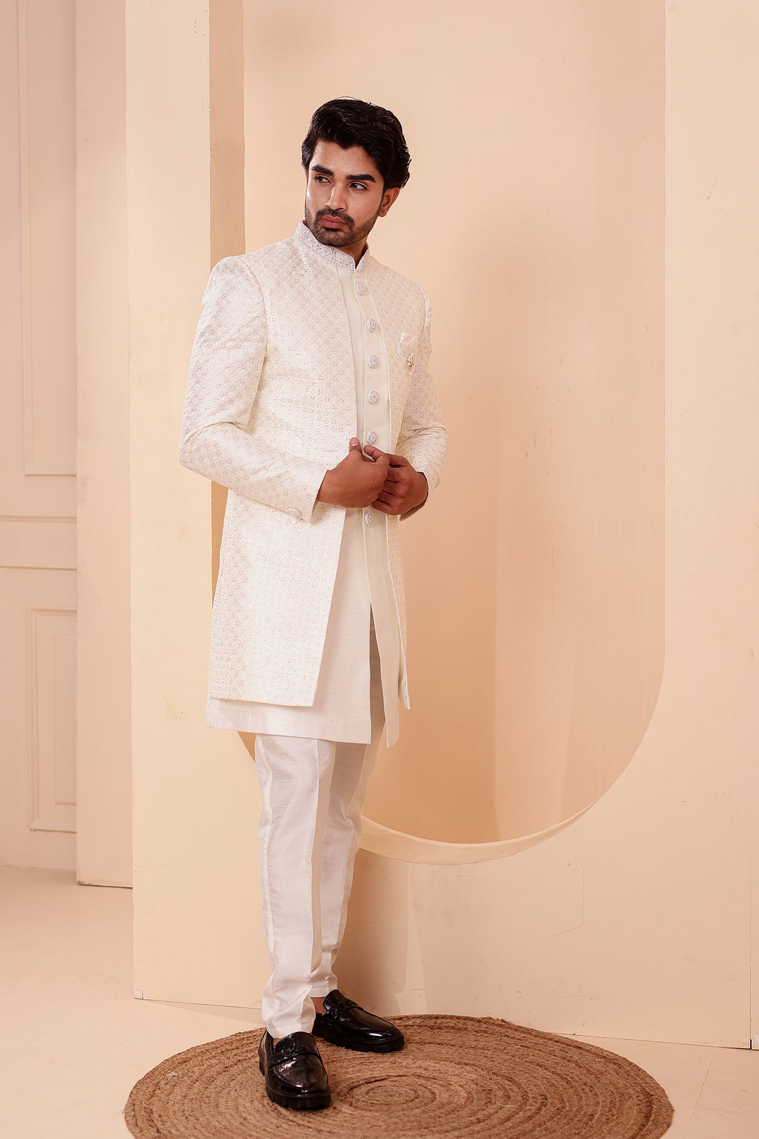 White Raw Silk Open Jacket Style Indo-western Suit.