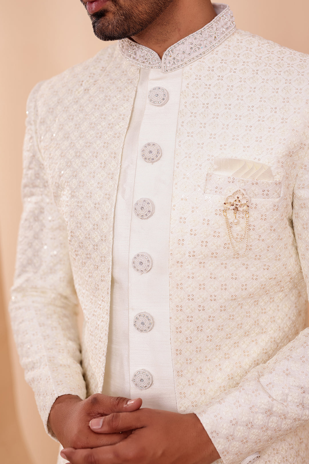 White Raw Silk Open Jacket Style Indo-western Suit.