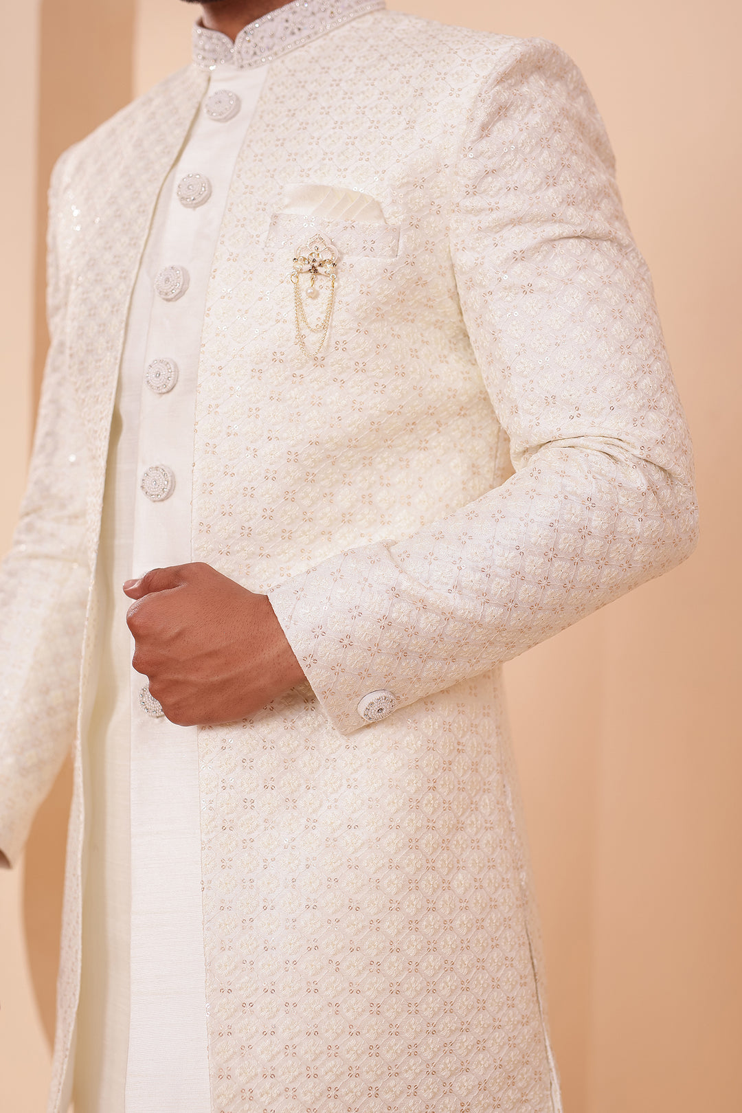 White Raw Silk Open Jacket Style Indo-western Suit.