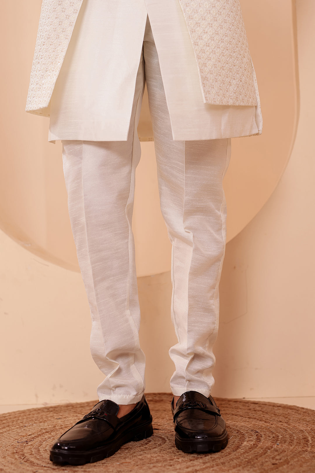 White Raw Silk Open Jacket Style Indo-western Suit.
