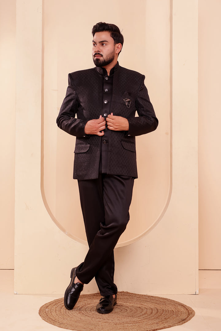 Black Brocade Silk Open Jacket Style Jodhpuri Suit.