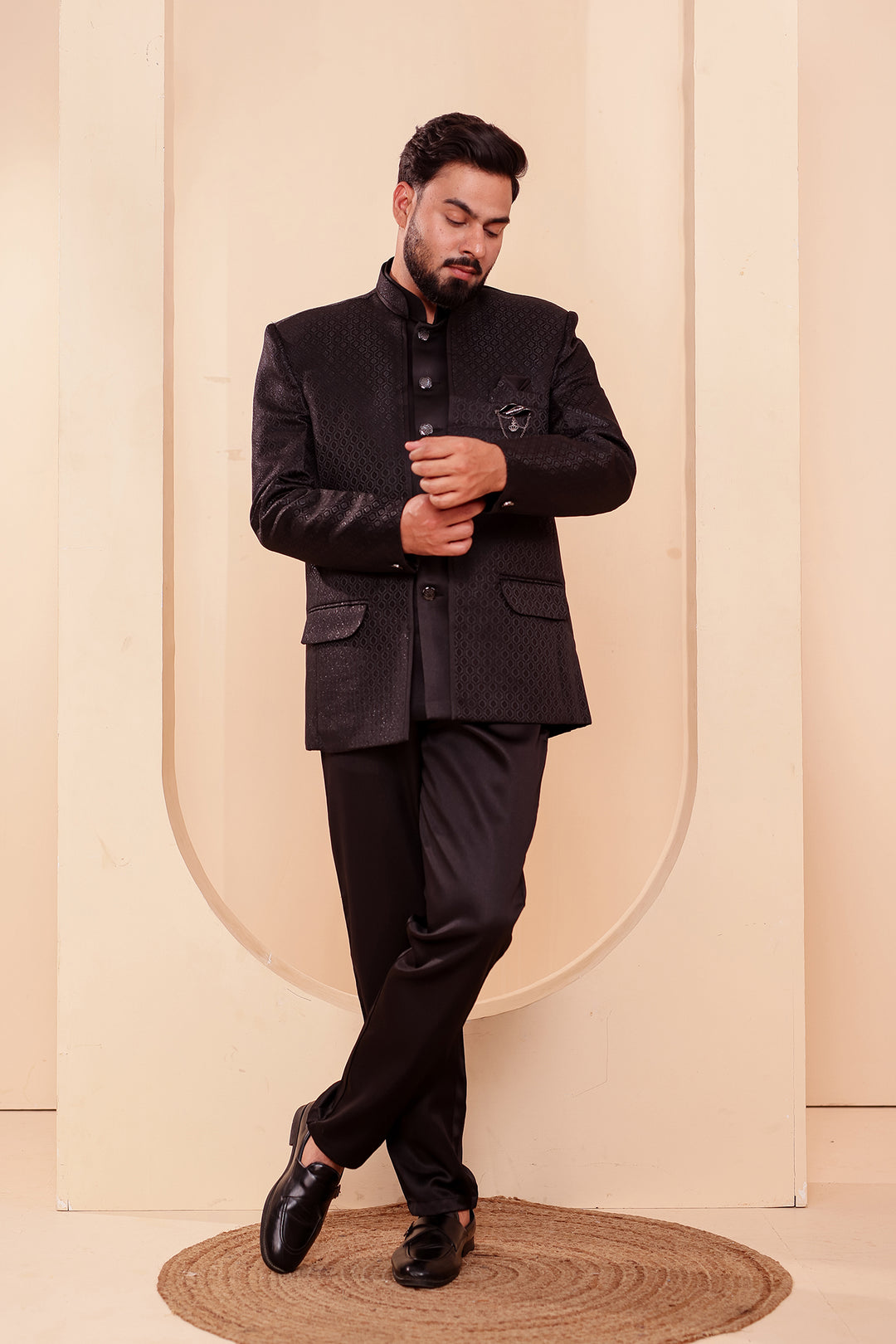 Black Brocade Silk Open Jacket Style Jodhpuri Suit.