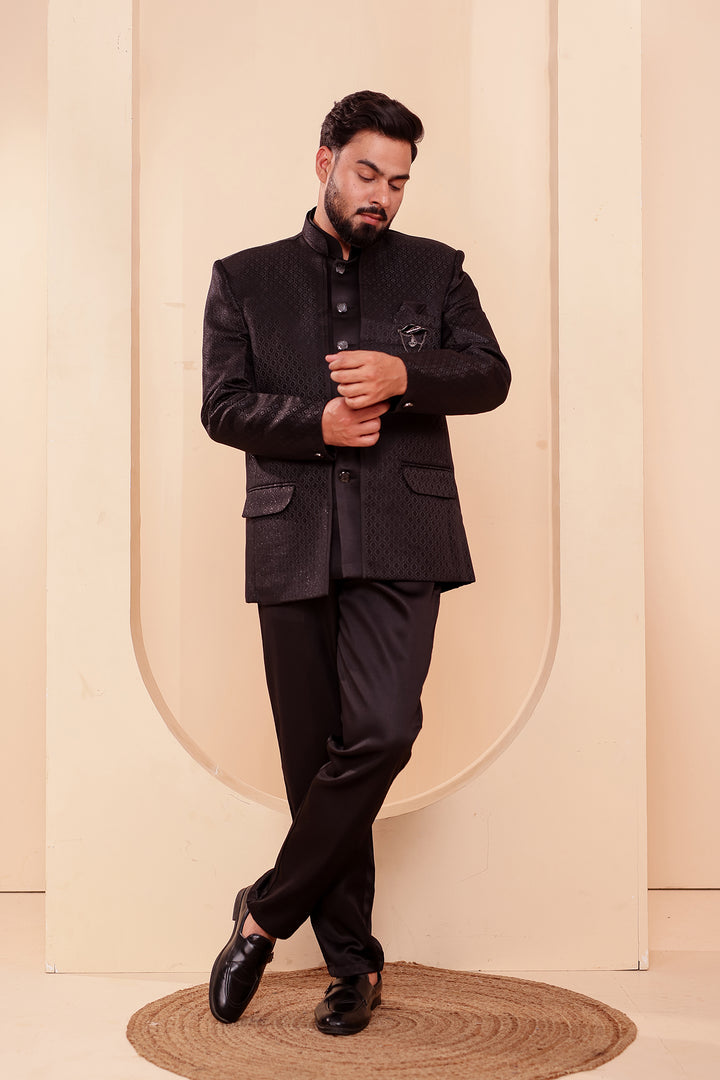 Black Brocade Silk Open Jacket Style Jodhpuri Suit.
