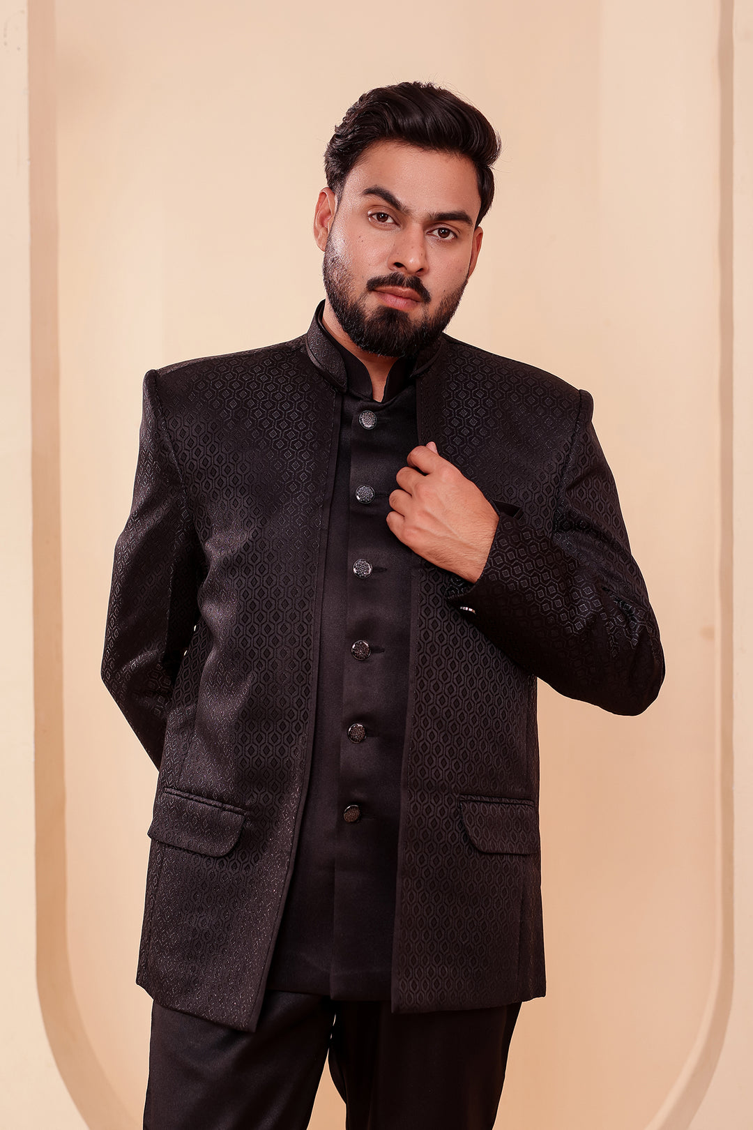 Black Brocade Silk Open Jacket Style Jodhpuri Suit.