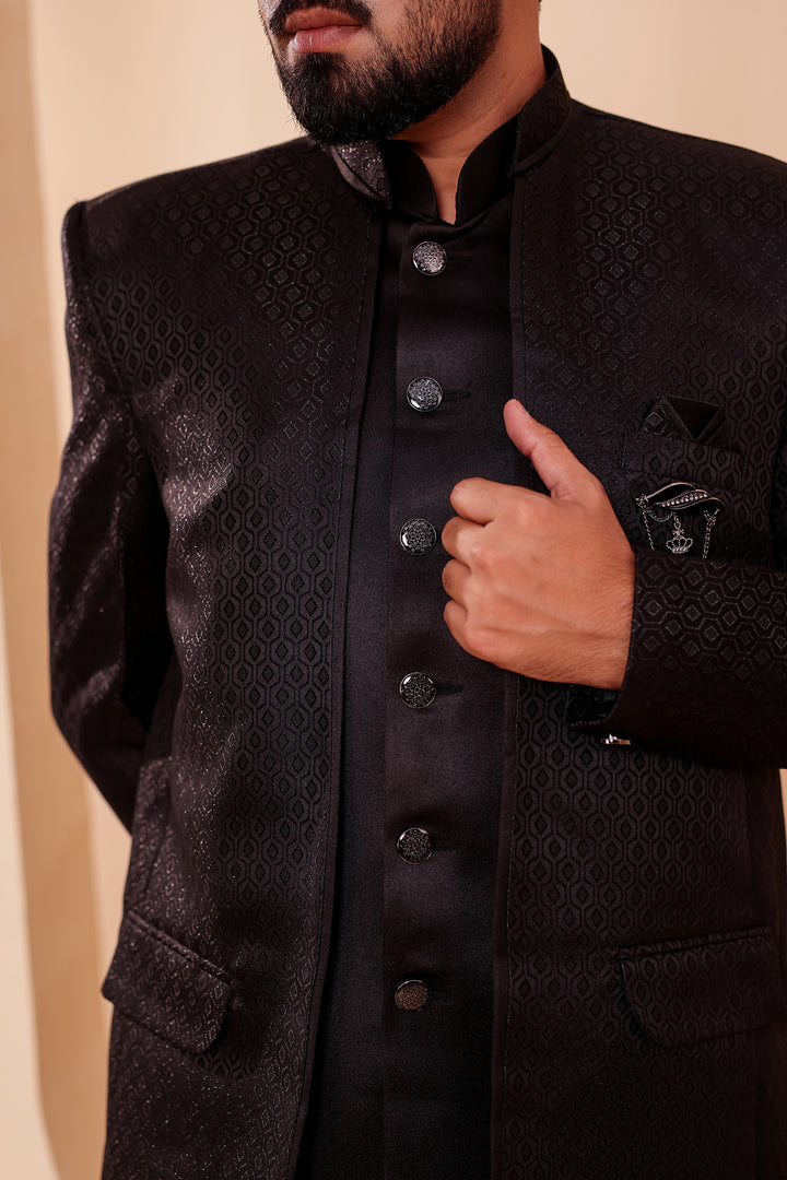 Black Brocade Silk Open Jacket Style Jodhpuri Suit.