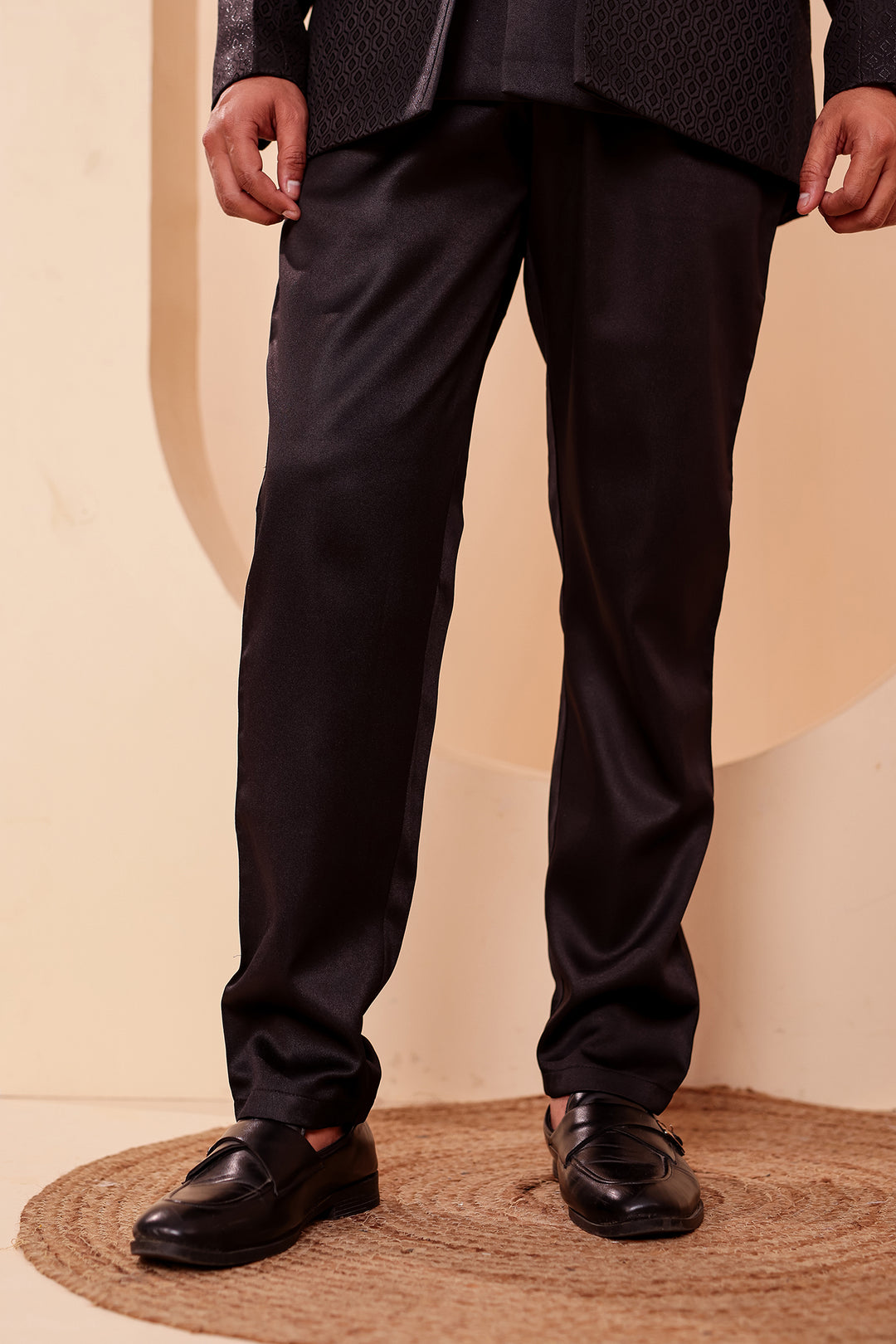 Black Brocade Silk Open Jacket Style Jodhpuri Suit.