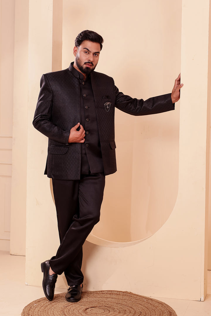 Black Brocade Silk Open Jacket Style Jodhpuri Suit.