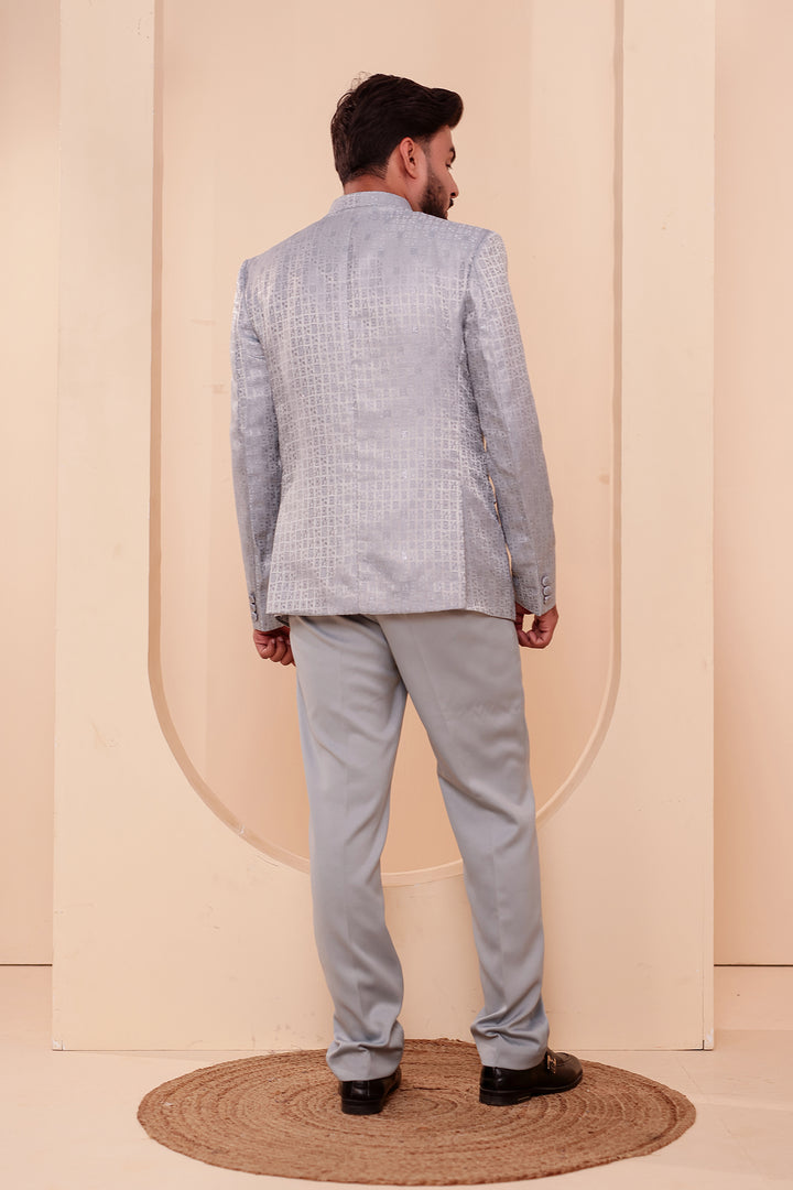 Light Blue Brocade Weave Silk Jodhpuri Suit.