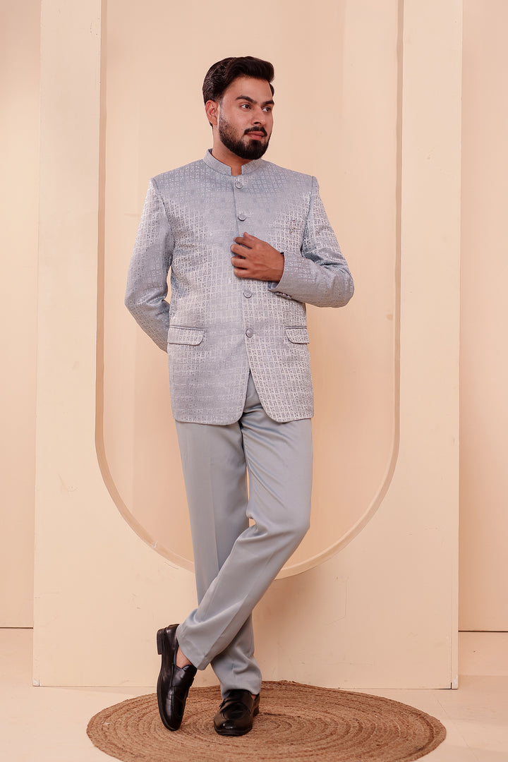 Light Blue Brocade Weave Silk Jodhpuri Suit.