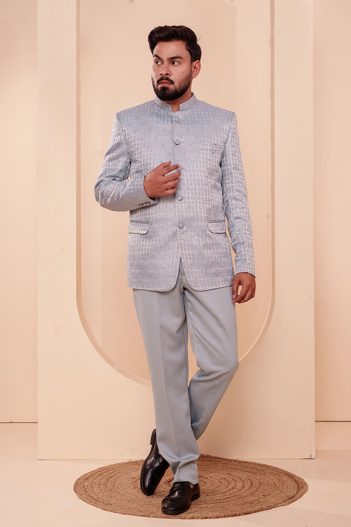 Light Blue Brocade Weave Silk Jodhpuri Suit.