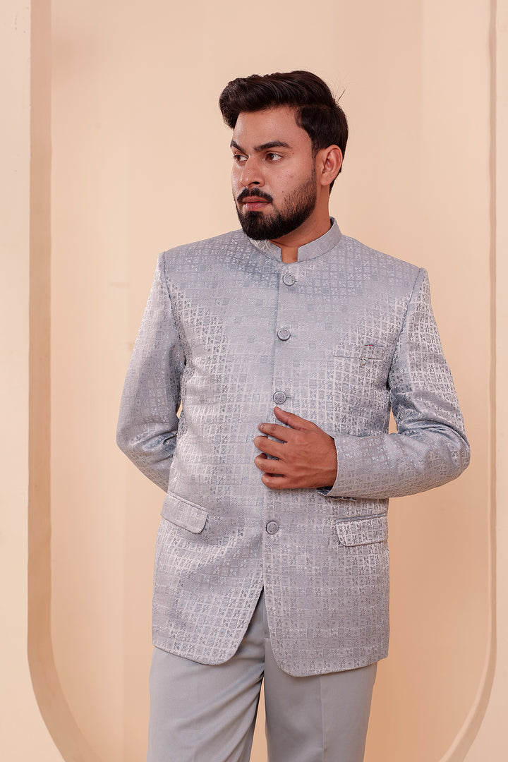 Light Blue Brocade Weave Silk Jodhpuri Suit.
