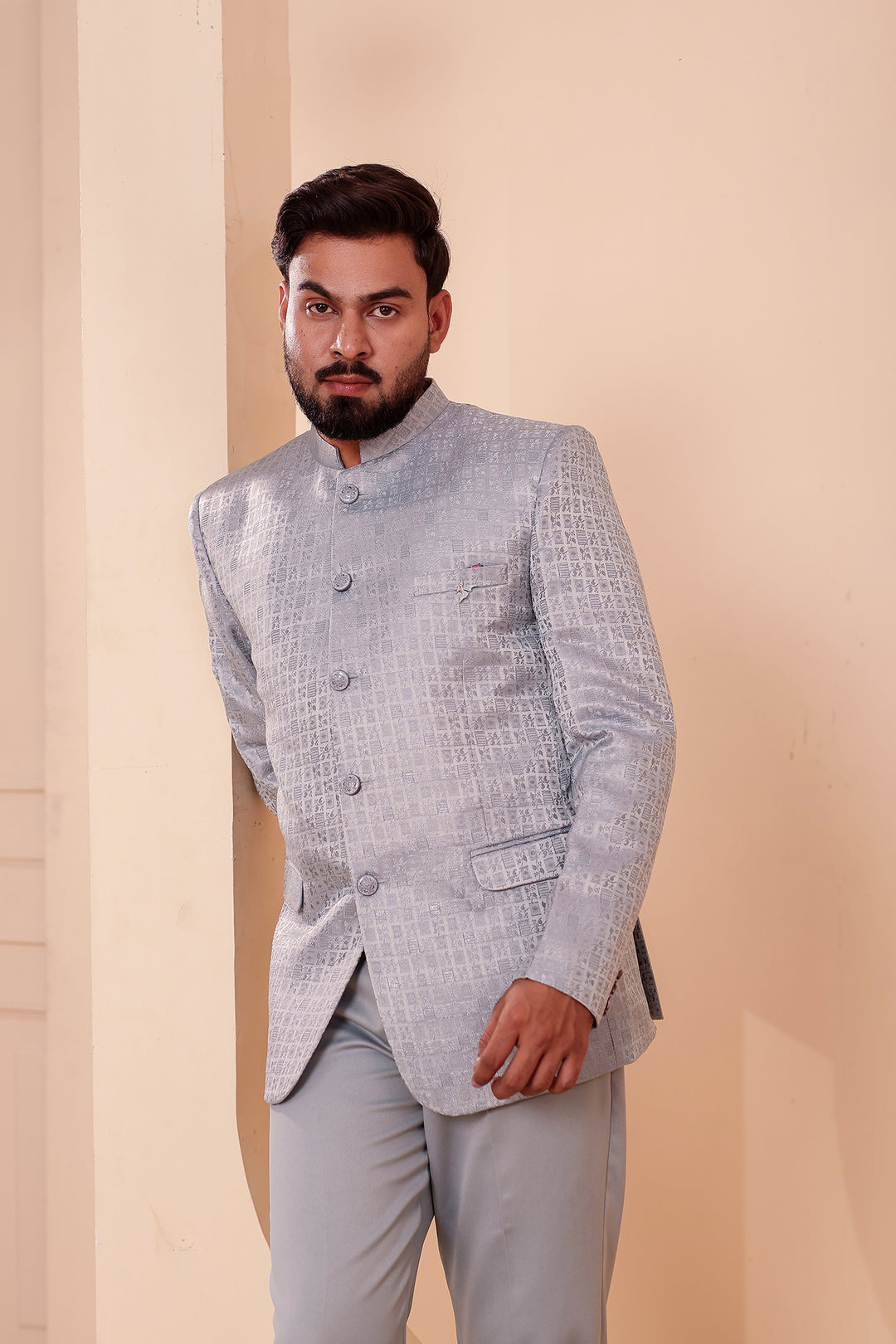Light Blue Brocade Weave Silk Jodhpuri Suit.