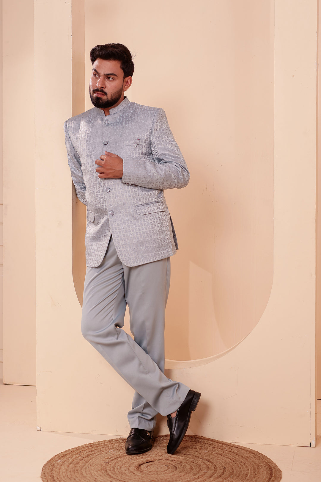 Light Blue Brocade Weave Silk Jodhpuri Suit.