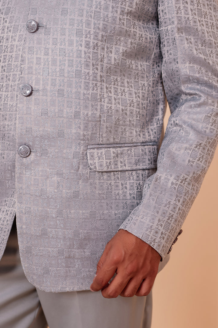 Light Blue Brocade Weave Silk Jodhpuri Suit.