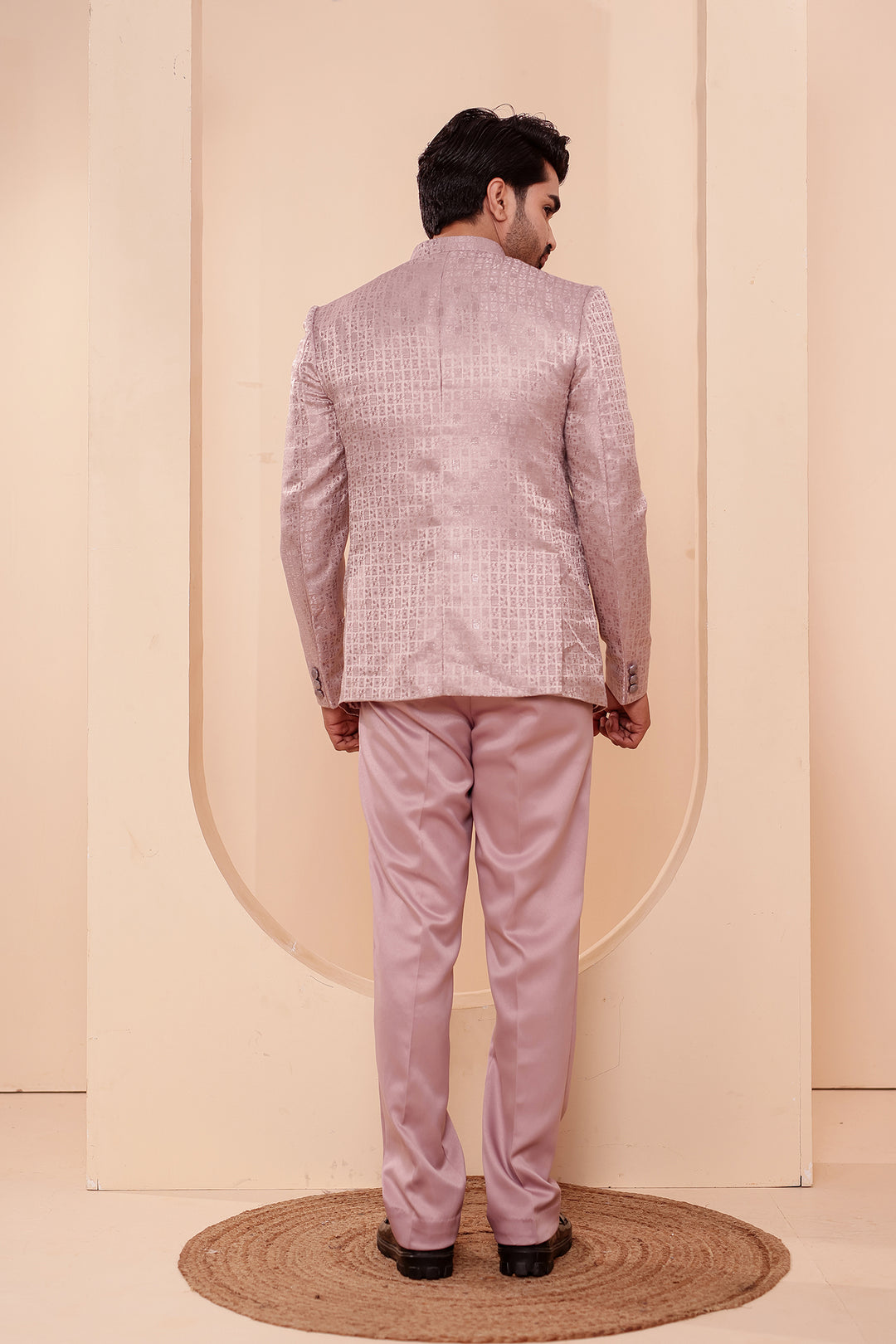 Dusty Pink Brocade Weave Silk Jodhpuri Suit.