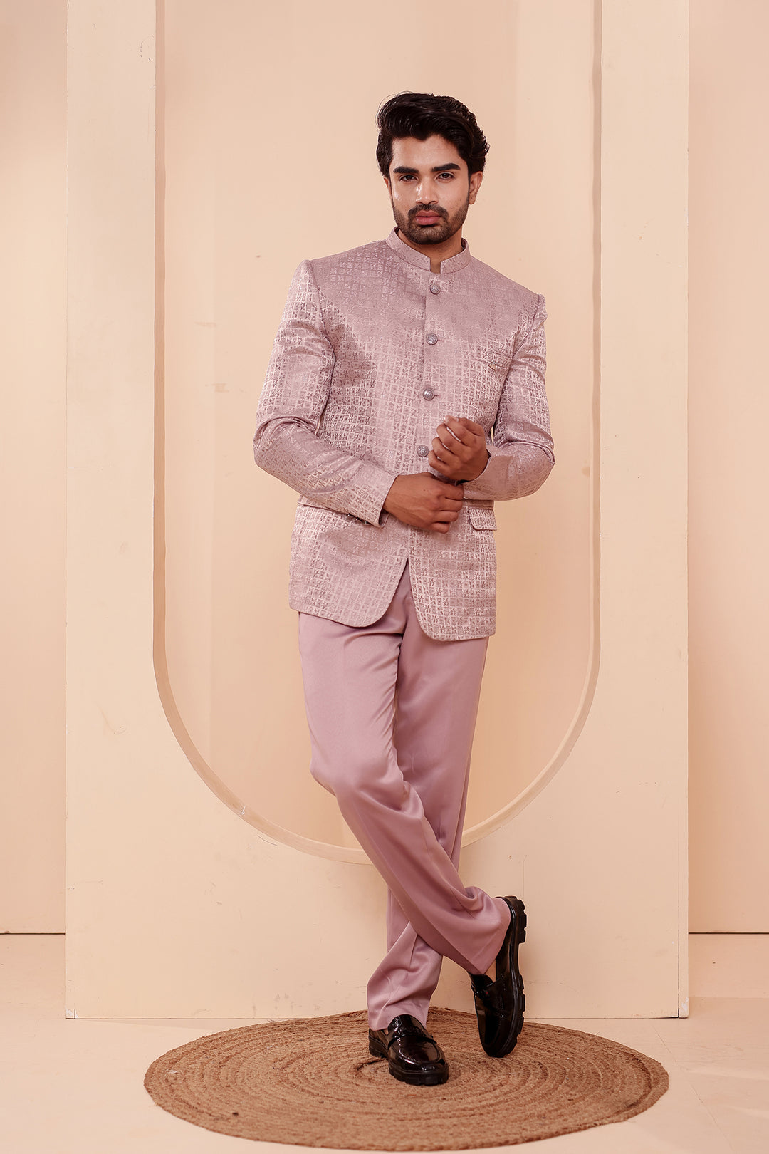 Dusty Pink Brocade Weave Silk Jodhpuri Suit.