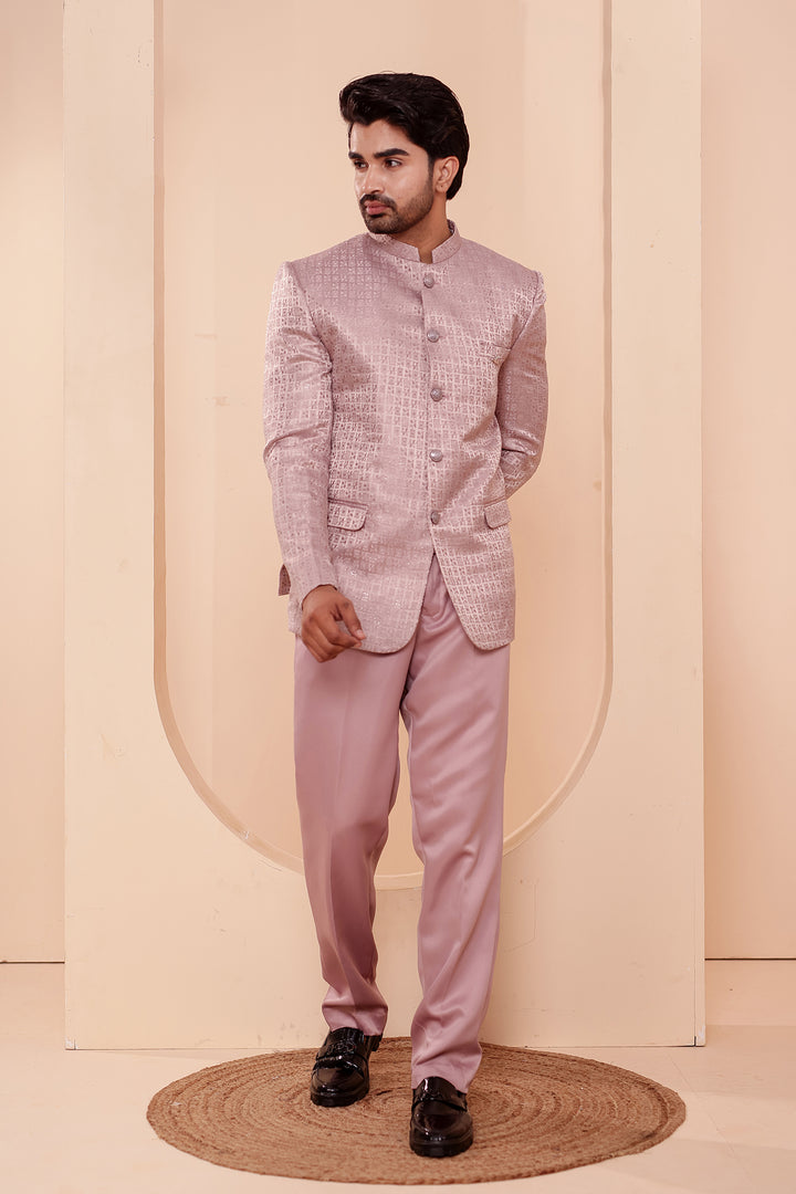 Dusty Pink Brocade Weave Silk Jodhpuri Suit.