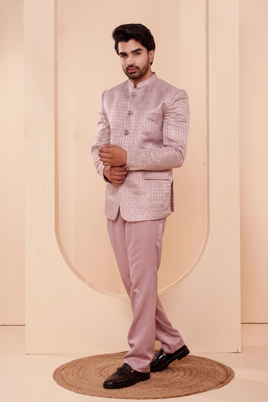 Dusty Pink Brocade Weave Silk Jodhpuri Suit.