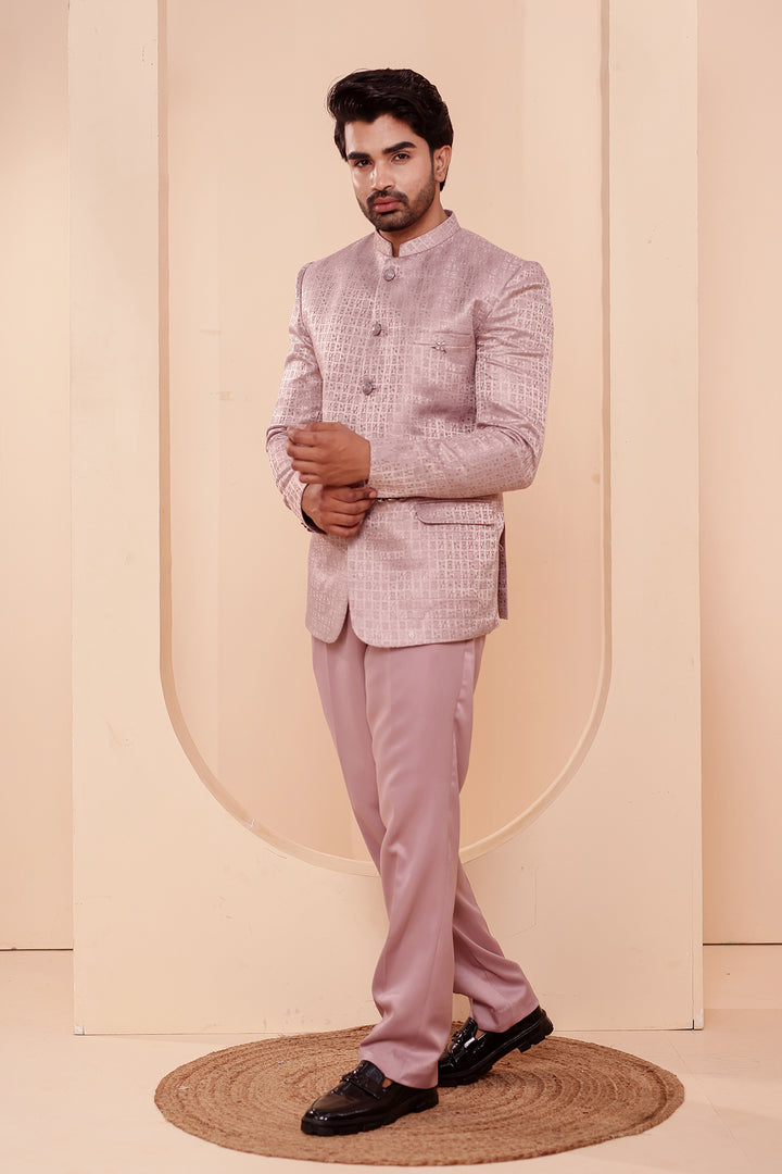 Dusty Pink Brocade Weave Silk Jodhpuri Suit.