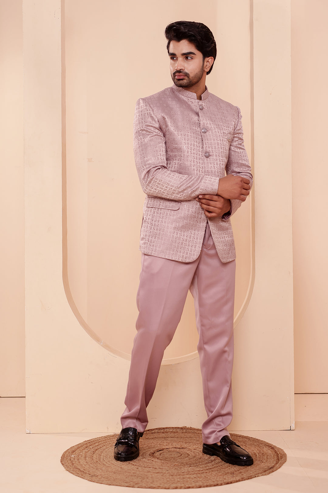 Dusty Pink Brocade Weave Silk Jodhpuri Suit.