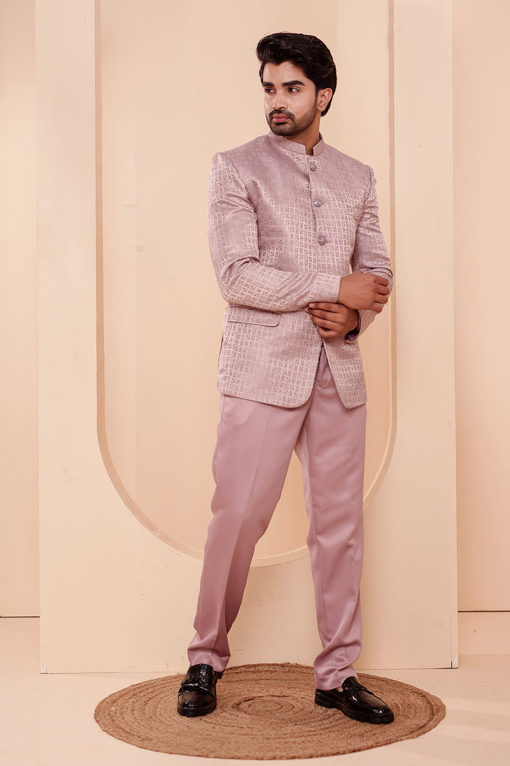 Dusty Pink Brocade Weave Silk Jodhpuri Suit.