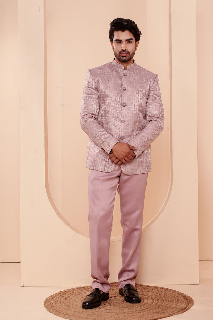 Dusty Pink Brocade Weave Silk Jodhpuri Suit.