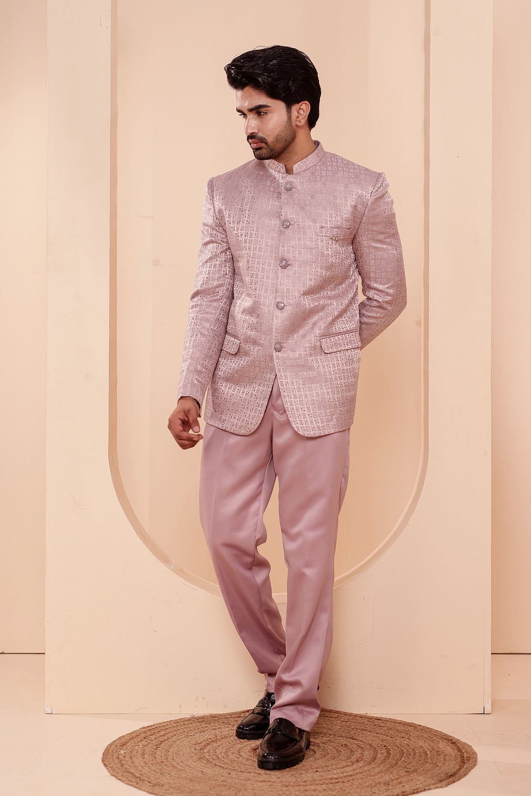 Dusty Pink Brocade Weave Silk Jodhpuri Suit.