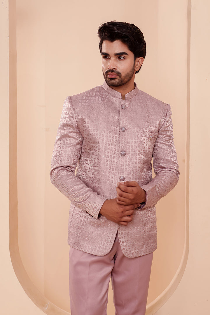 Dusty Pink Brocade Weave Silk Jodhpuri Suit.