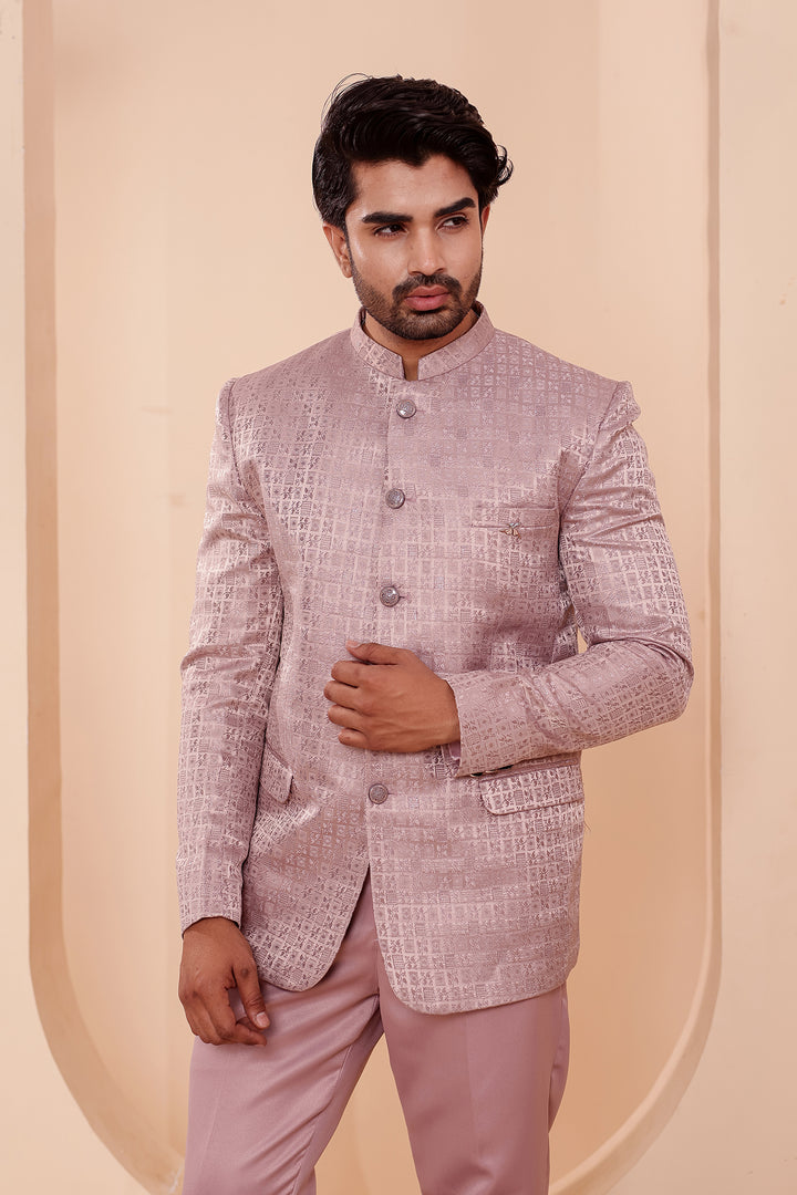 Dusty Pink Brocade Weave Silk Jodhpuri Suit.