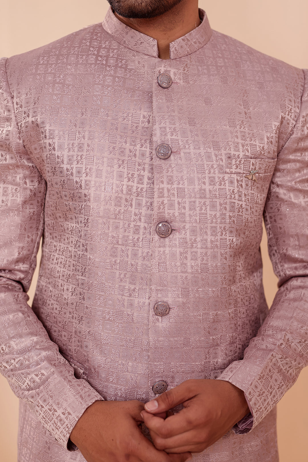 Dusty Pink Brocade Weave Silk Jodhpuri Suit.